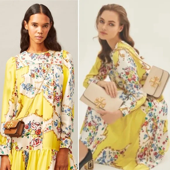 TORY BURCH Silk Quilted Yoke Yellow Floral Silk Midi Dress Size 4 - Picture 15 of 16